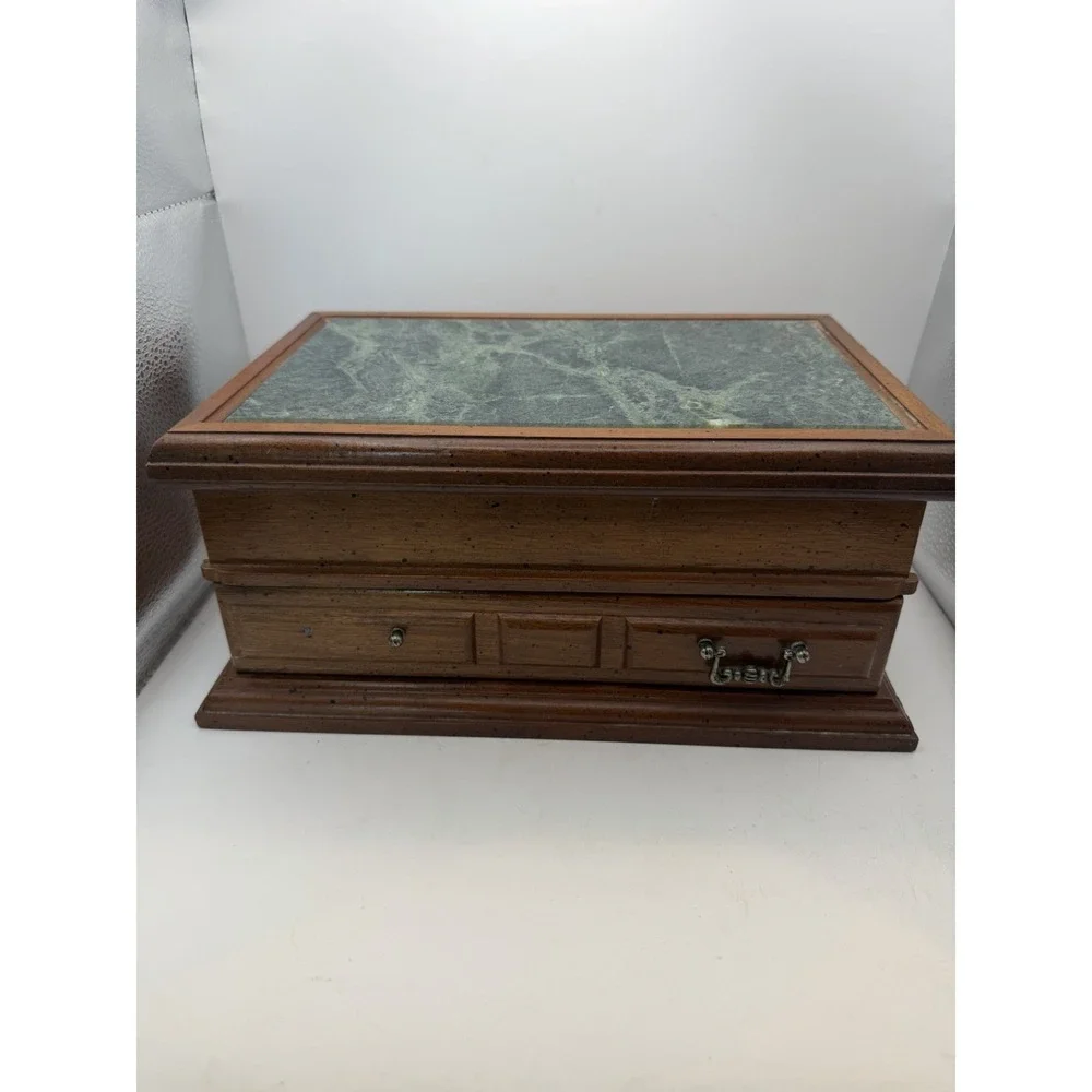 Vintage Wooden Jewelry Box Green Marble Top Lift Lid Drawer Ring Necklace